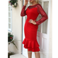 Red Bodycon O Neck Sequined Long Sleeves Sexy Ruffled Women Prom Dress